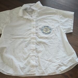 Baby On Board Vintage White Short Sleeve Button-Up Maternity Shirt